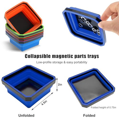 Yourkar Collapsible Magnetic Parts Tray, 4.5 Inch Foldable Magnetic Square Silicone Tray, Tool Tray Set with Double-Sided Magnetic Base for Screw Bolts Nuts Pins, Car Accessories (Blue) - color: Blue, 1 PCS
