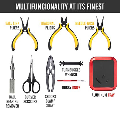 RC Car Tool Kit (27pcs), Screwdriver Set (Flat, Phillips, Hex), Pliers, Cross Wrench, Body Reamer, Stand, Polished Bar Hobby Repair Tools for Traxxas Car Quadcopter Drone Helicopter Airplane