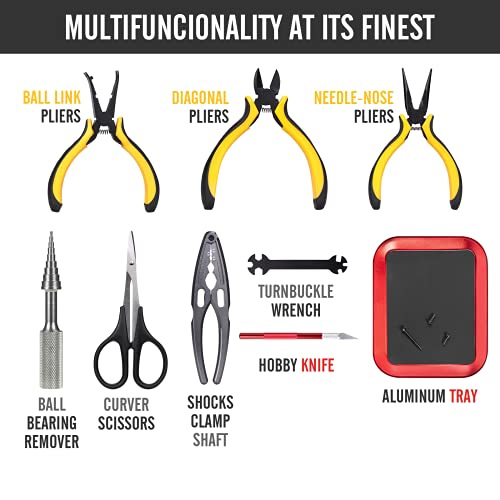 RC Car Tool Kit (27pcs), Screwdriver Set (Flat, Phillips, Hex), Pliers, Cross Wrench, Body Reamer, Stand, Polished Bar Hobby Repair Tools for Traxxas Car Quadcopter Drone Helicopter Airplane