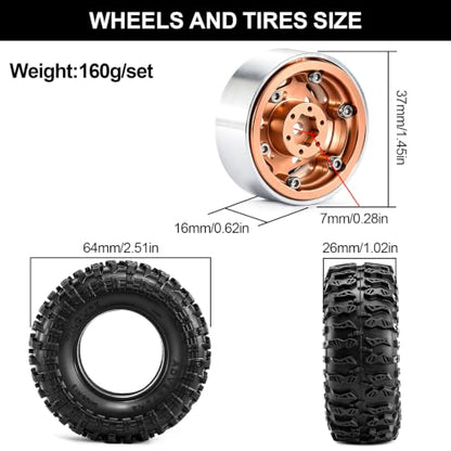 1.3" Pre-Assembled Beadlock Wheels and Tires 64mm (2.52in) for SCX24 TRX4M 1/18 1/24 RC Crawlers – Aluminum Rims, Rubber Tires with Foam Inserts, Easy-Install Upgrade Parts (Gold) - color: Gold 311