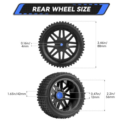Preglued 12mm Hex Wheel Rims Rubber Tires with Foam Inserts OD 86mm/3.38" for Traxxas Bandit WLtoys 144001 Redcat 1/10 RC Off-Road Buggy Car, Set of 4 (Color A) - color: Color a