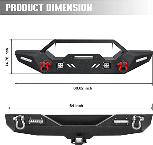 Front Bumper for 2007-2023 Wrangler JK, AAIWA Offroad Steel Bumper Full Width with 2" Hitch Receiver, LED Light Bars, and D-rings - size: 2007-2023 JK Front Bumper with LED Lights