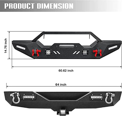 Front Bumper for 2007-2023 Wrangler JK, AAIWA Offroad Steel Bumper Full Width with 2" Hitch Receiver, LED Light Bars, and D-rings - size: 2007-2023 JK Front Bumper with LED Lights