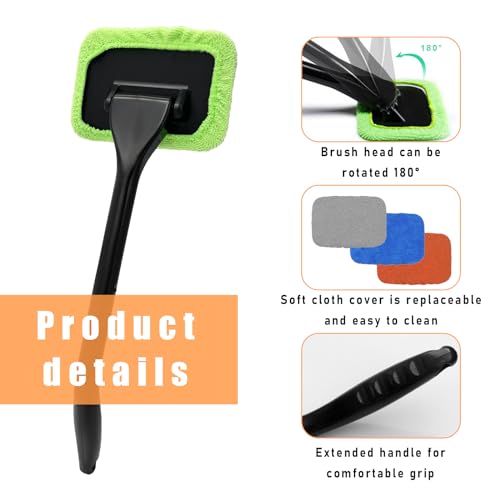 Ohleats Car Windshield Cleaning Tool, Microfiber Window Cleaner with 4 Washable and Reusable Cloth Pad & Long Handle, Auto Glass Wiper Cleaning Kit with Spray Bottle, Car Accessories