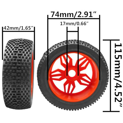 ShareGoo OD 4.52" 1/8 RC Buggy Rubber Tires Tyre w/ 5 Spoke Plastic Rim 17mm Hex Compatible with Arrma Kyosho Exceed RC Traxxas Redcat HSP HPI 1/8 Scale Off Road Car Buggy (Red) - color: Red