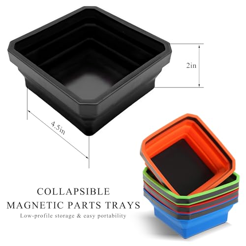 Collapsible Magnetic Parts Tray, 4.5" Square Silicone Tool Tray with Dual-Sided Magnetic Base, Foldable Small Metal Parts Organizer Storage Bowl for Screws Bolts Nuts Washers (Black) - color: Black