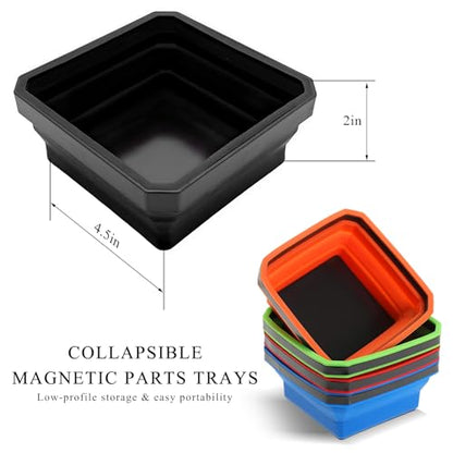 Collapsible Magnetic Parts Tray, 4.5" Square Silicone Tool Tray with Dual-Sided Magnetic Base, Foldable Small Metal Parts Organizer Storage Bowl for Screws Bolts Nuts Washers (Black) - color: Black