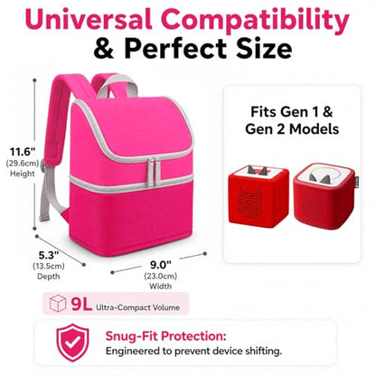 Carrying Case Backpack for Toniebox 1 & 2, 2-Layer, Holds 25+ Figures | Padded 210D lining and 8mm shock absorption fits headphones and charging dock 600D water-resistant polyester easy wipe-clean - color: Rosy/Pink