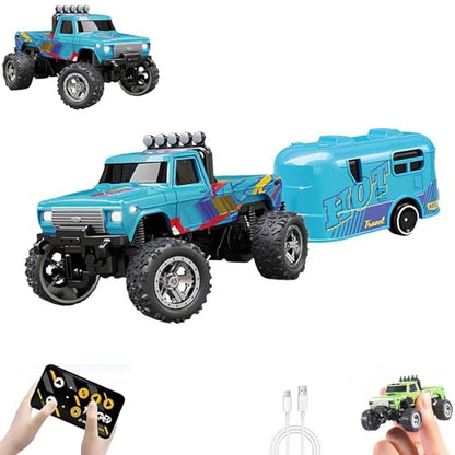 Mini RC Car, 1/64 Scale Mini Remote Control Monster Truck with Trailer, 2.4Ghz & APP Remote Control Rechargeable Alloy Shell RC Cars with Lights, Speed/Steering Adjustable (Blue) - color: Blue