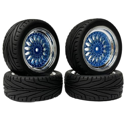 4PCS RC On-Road Car Tyres 65mm Rubber Tire and Plastic Plating Wheel Rims for 1:10 RC Run-flating Racing Touring Car for Tamiya HSP HPI Kyosho(Blue Silver,Offset:9mm) - color: Blue Silver, size: Offset:9mm