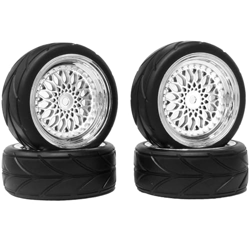 4PCS 64mm Rubber Tires and Plastic Wheel Rims Set 12mm Hex Replacement Part for Sakura Tamiya TT02 HPI HSP Kyosho 1/10 RC On Road Run-flating Touring Racing Car Tyre (Silver, Offset:3mm) - color: Silver, size: Offset:3mm