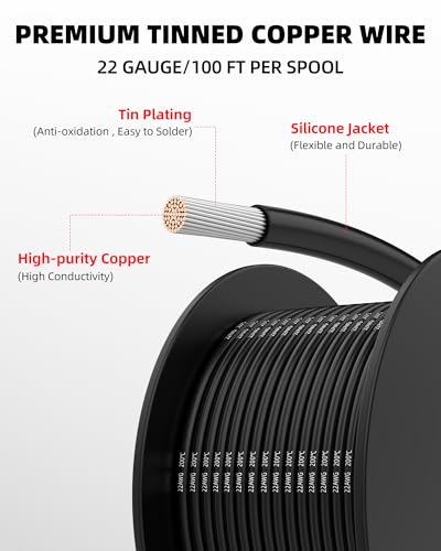 NAOEVO 22 Gauge Wire, Tinned Copper Silicone 22 AWG Automotive Wire, 600FT | 200°C, High Conductivity, Flexible 22 AWG Stranded Wire, 22 AWG Wire for Automotive, LED, DIY, Circuit (6 Colors 100ft/Spool) - size: 100ft, style: 22AWG