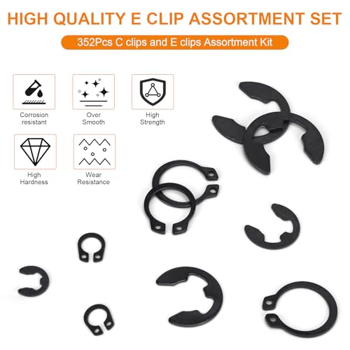 352Pcs Retaining Ring Kit with E-Clips(2.0mm-15mm) & C-Clips(M5-M16) Black | 24 Sizes Snap Rings And Circlips for DIY & Repair. E-Clips & External C-Clips. Black Carbon Steel - size: Carbon Steel-352PCS