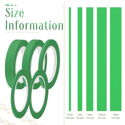 Xuniea 5 Rolls Fine Line Vinyl Tape, 1/16, 1/8, 1/4, 1/2, 3/4 Inch, Green | Masking Tape Automotive Car Auto Paint for Curves, High Temperature Vinyl Low Tack - color: Green, size: 1/16, 1/8,1/4, 1/2, 3/4 Inch