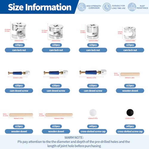 285Pcs 3-in-1 Eccentric Wheels Kit, Furniture Cam Lock Fasteners with Dowel, Pre-Inserted Nut, Wood Dowel Pins, Screw Caps, Nut & Bolt Assortment Set Compatible with IKEA