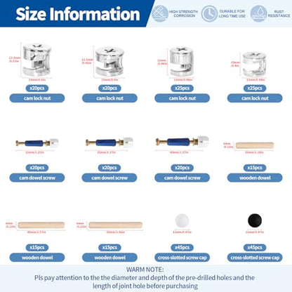 285Pcs 3-in-1 Eccentric Wheels Kit, Furniture Cam Lock Fasteners with Dowel, Pre-Inserted Nut, Wood Dowel Pins, Screw Caps, Nut & Bolt Assortment Set Compatible with IKEA