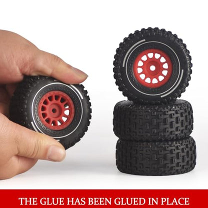 Pre-Glued 1/16 & 1/18 RC Truck Tires & Wheels - 12mm Hex 2.56" OD, Red | All-Terrain Tires for Traxxas Slash, ARRMA Mojave GROM, Tamiya, Kyosho, HPI - Durable Nylon Wheels for On/Off Road Bashing - color: Red