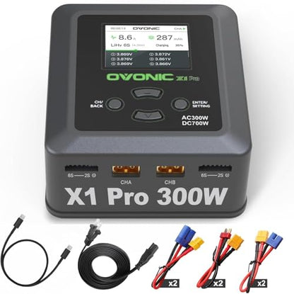 OVONIC X1 Pro Dual RC LiPo Balance Charger for 1S-6S Lipo Batteries, Life/NiCd/NiMH/LiHV, AC 300W/DC 700W 16A, Sync Charging Mode