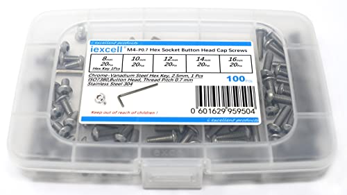 iexcell 100 Pcs M4 x 8/10/12/14/16 Stainless Steel 304 Hex Socket Button Head Cap Screws Bolts Assortment Kit - size: M4 x 8/10/12/14/16mm