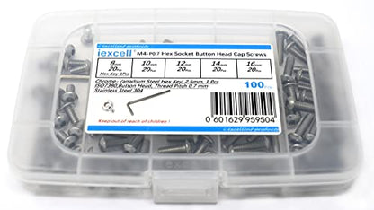 iexcell 100 Pcs M4 x 8/10/12/14/16 Stainless Steel 304 Hex Socket Button Head Cap Screws Bolts Assortment Kit - size: M4 x 8/10/12/14/16mm