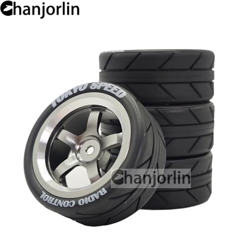 1/10 On Road Racing Tires And 5-Spoke Aluminum Wheels 12mm Hex OD 2.56" RC Touring Tyres For 1:10 Rally Street Drift Car Tamiya TT01 TT02 XV01 A959 PTG2 KYOSHO HSP Traxxas 4PCS (Titanium) - color: Titanium