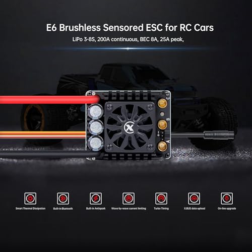 XC E6 Sensored Brushless ESC for 1/6 RC Car,3-8S 200A | Bluetooth APP Programming,6.0V/7.4V/8.4V BEC,Turbo Timing,Multiple protection,Smart Fan - size: E6