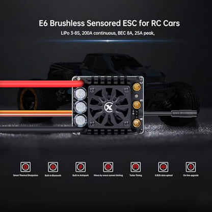 XC E6 Sensored Brushless ESC for 1/6 RC Car,3-8S 200A | Bluetooth APP Programming,6.0V/7.4V/8.4V BEC,Turbo Timing,Multiple protection,Smart Fan - size: E6