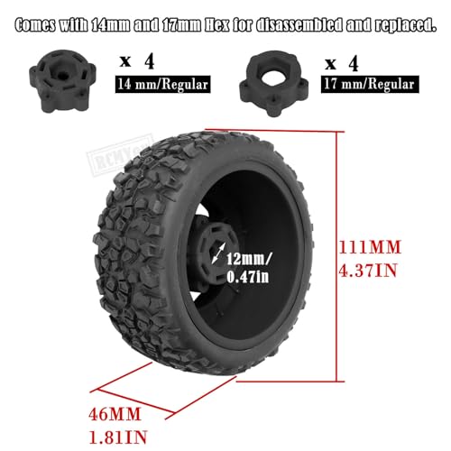 Rc Truck Tires 12mm/14mm/17mm Hex RC Wheels Tires for 1/10 Slash 4×4 2WD,Arrm a Senton,Axia1 Redca t Rc 4wd,w/RC Wheels Hex Detachable Replace Running on Off-Road Tire,Black - color: Black