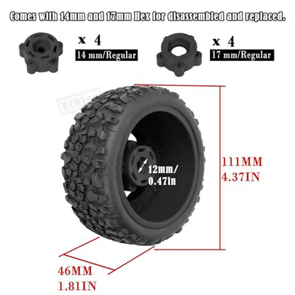 Rc Truck Tires 12mm/14mm/17mm Hex RC Wheels Tires for 1/10 Slash 4×4 2WD,Arrm a Senton,Axia1 Redca t Rc 4wd,w/RC Wheels Hex Detachable Replace Running on Off-Road Tire,Black - color: Black