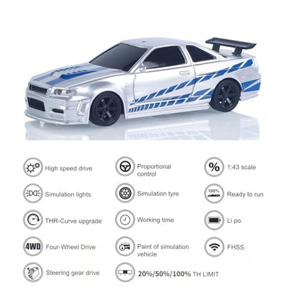 TOUCAN RC HOBBY 1/43 RC Racing Car R34 Radio Controlled High Speed Drift Vehicle 4WD RTR Mini Car 2.4G Radio Battery Gifts for Ages 14+ - color: Silver Blue