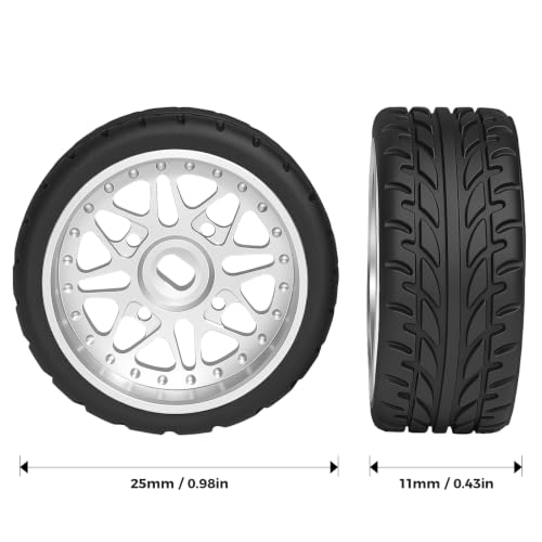 4Pcs 25mm Rc Drift Wheels & Logo Drift Car Tires for 1/24 1/28 Wltoys, [2N+2W] Aluminum Alloy Rims with High Grip Tires Simulated Tire Tread Racing Tyre for Mini-Q HGD1 Wltoys K969 K989 k929(Silver) - color: 1.silver
