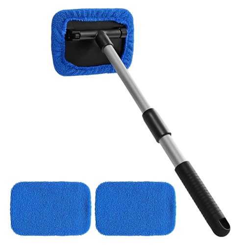 Windshield Cleaning Tool, Car Cleaning Window Tool, Car Window Cleaner with Unbreakable Extendable Handle and Microfiber Cloth, Scratch-Free Car Cleaning Brush for Auto Glass Wiper (Blue) - color: Blue