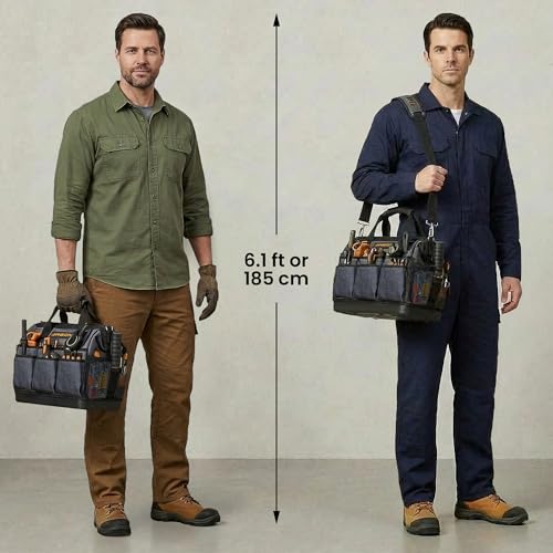 Arbon Electrician Tool Bag, Heavy Duty Tool Organizer, 34 Pockets, 52+ lb | Large storage for men, 5-layer reinforced walls, metal frame, hard molded base, water resistant polyester PP plastic, gray
