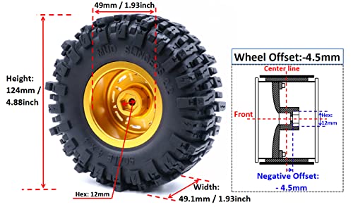 2PCS 2.2 Beadlock Wheels and Tires 124mm Tall Soft Sticky Mud Slingers tyre & Aluminium Rims for 1/10 RC Crawler Truck TRX4 SCX10 Capra Wraith Upgrades,HS700627-2