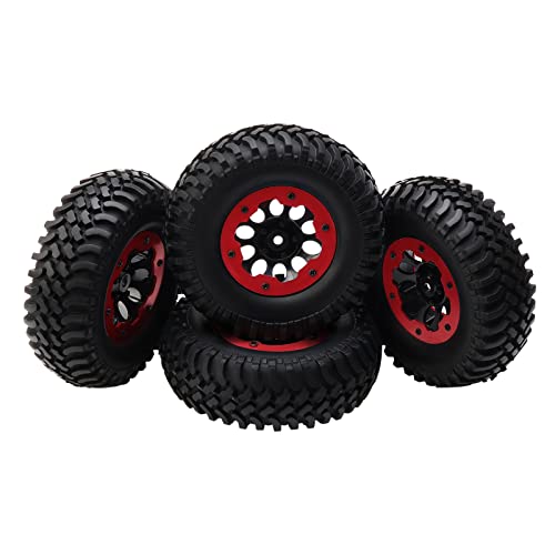 4-Pack 1.9 Inch Tires and Wheel Rims OD 100mm Off Road Rubber Tyre & Plastic 10-Holes Beadlock Rim 12mm Hex Hub for 1/10 RC Crawler Truck, Red