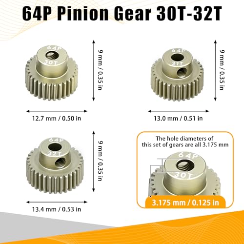 64P Pinion Gear 3.175mm Shaft 7075 Aluminum Alloy Motor Gears,0.6 Metric Pitch 30 31 32T with 1/8 Hole Pinion Gear Compatible with 1/10 Arrma HPI Kyosho Losi Axial Traxxas Tamiya RC Car - size: 30 31 32T