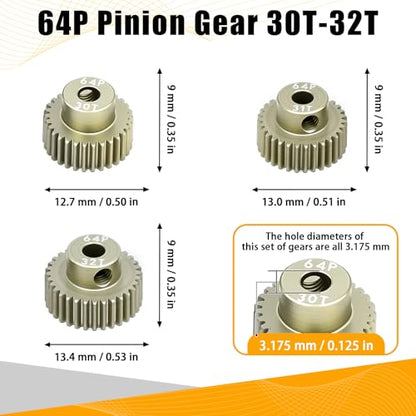 64P Pinion Gear 3.175mm Shaft 7075 Aluminum Alloy Motor Gears,0.6 Metric Pitch 30 31 32T with 1/8 Hole Pinion Gear Compatible with 1/10 Arrma HPI Kyosho Losi Axial Traxxas Tamiya RC Car - size: 30 31 32T