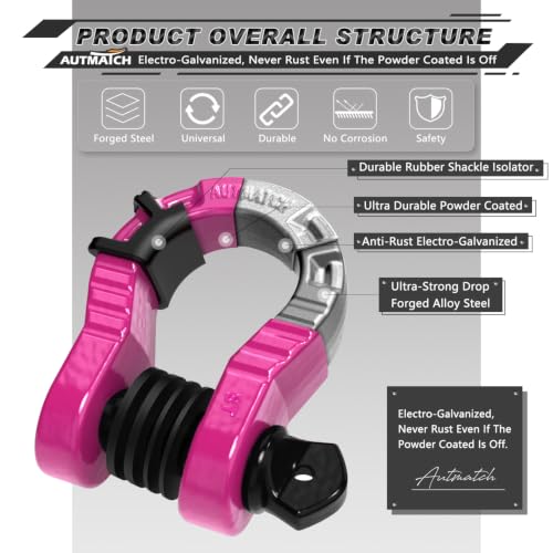 AUTMATCH D Ring Shackles 3/4" Mega Shackle (2 Pack) 68,000Ibs Break Strength - Heavy Duty Clevis Shackles with 7/8" Screw Pin and Isolator Washer for Tow Strap Winch Off Road Vehicle Recovery, Pink - color: Pink & Black