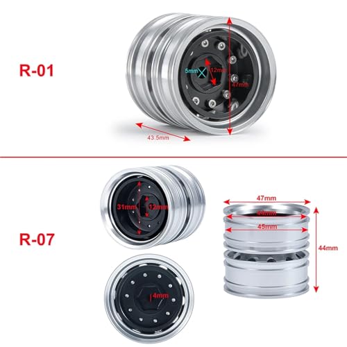 RC Car Toys Parts for Tamiya 1/14 6PCS Metal Front and Rear Wheel Hub Rim Set 6x6 Truck RC Trailer Tractor Car Upgrade Parts(R-1) - size: R-1