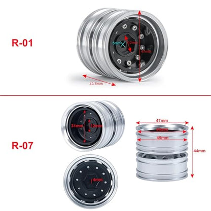 RC Car Toys Parts for Tamiya 1/14 6PCS Metal Front and Rear Wheel Hub Rim Set 6x6 Truck RC Trailer Tractor Car Upgrade Parts(R-1) - size: R-1