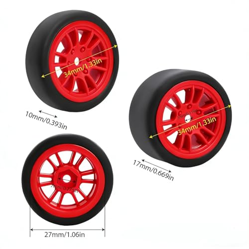 4PCS Finished Flat Running Drift Tires and Wheels 7MM Hexagon for 1/24 Losi Micro B Upgrades and 1/28 Losi Micro T Upgrades(T Red) - color: T Red