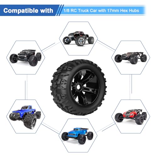 Pre-Glued 1/8 Truck Wheels Tires Set 17mm Hex Compatible with Traxxas Maxx, T-maxx, E-Revo, Arrma Kraton, Redcat Kaiju, JLB Cheetah 4-pack