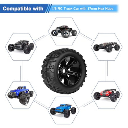 Pre-Glued 1/8 Truck Wheels Tires Set 17mm Hex Compatible with Traxxas Maxx, T-maxx, E-Revo, Arrma Kraton, Redcat Kaiju, JLB Cheetah 4-pack