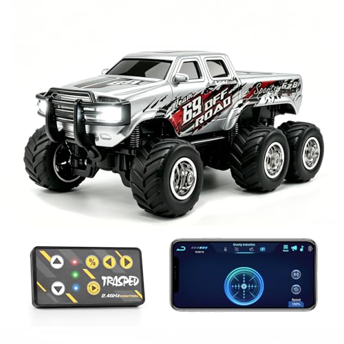 haomsj 1/64 Mini Rc Monster Truck 6x6 Off Road Remote Car for Kids & Adult | Sturdy Metal Car|3 Speeds|2.4G Flexible Remote Control|Long Lasting|Fast Charge|All-Terrain|Gift for Boys Age 3-12 - color: Gray