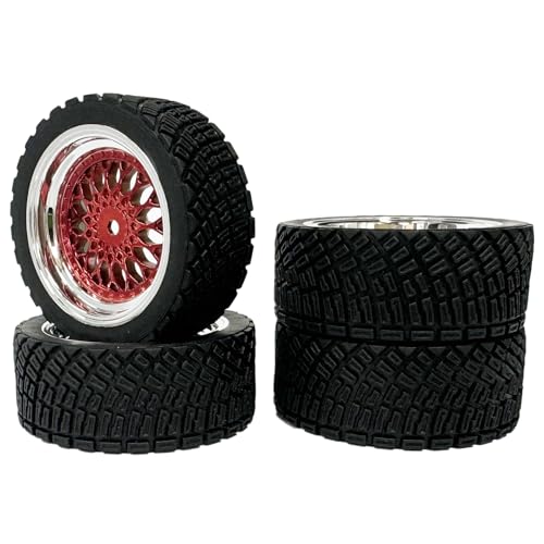 4PCS 65mm RC Rally Car Rubber Tires and Plastic Plating Wheel Rims Set 12mm Hex for 1/10 RC On-Road Rally Drift Racing Car for Tamiya HPI WR8 HSP TT02 WLtoys(Red Silver) - color: Red Silver