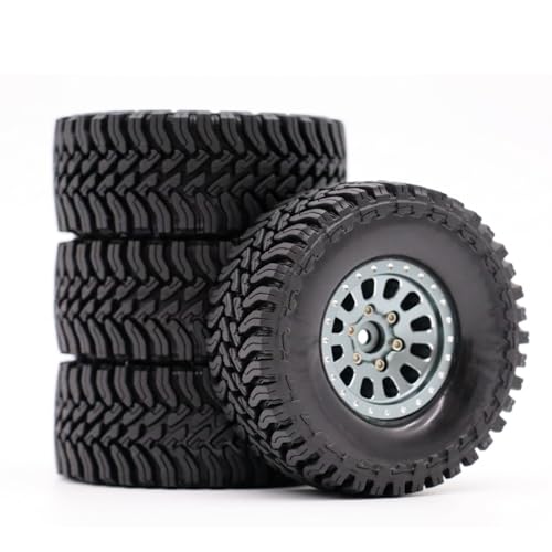 1.3” Brass Beadlock Wheels & All-Terrain Tires Set for 1/18 1/24 RC Crawler TRX4M, Axial SCX24 / AX24, Redcat Ascent-18, FMS FCX24, -5.40mm Offset, 7mm Hex, 4 pcs, Gunmetal Gray