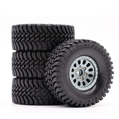 1.3” Brass Beadlock Wheels & All-Terrain Tires Set for 1/18 1/24 RC Crawler TRX4M, Axial SCX24 / AX24, Redcat Ascent-18, FMS FCX24, -5.40mm Offset, 7mm Hex, 4 pcs, Gunmetal Gray