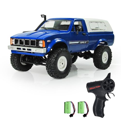 RC Truck 1/16 RC Rock Crawler, WPL C24 4x4 RC Pickup Truck, 2.4GHz Remote Control Car, All Terrain Off Road RC Climbing Car with Headlights and 2 Batteries for Adults (Blue) - color: Blue