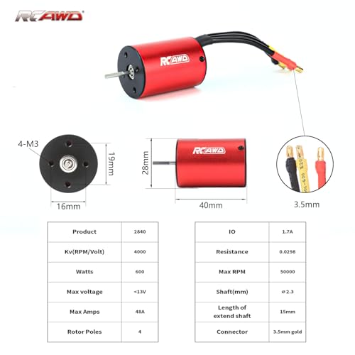 4 Channel RC Transmitter Receiver & 2840 Brushless Motor 4000KV & 35A ESC & 40CrMo Pinion Gear Set & Motor Mount & Adapter Cable RC Controller for Losi 1/12 Racecar & ARRMA Typhon Granite Mojave Grom - size: 4000KV