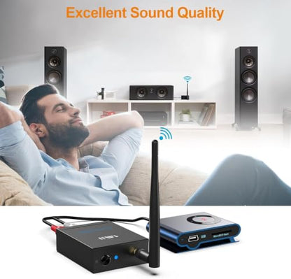 1Mii 2.4Ghz Wireless Audio Transmitter Receiver Set (1 TX + 1 RX) for TV | 320FT Long Range 20ms Low Delay HiFi Audio w/RCA(3.5mm AUX) Out/In, Wireless Adapter Kit for Powered Speaker/Stereo/Soundbar - size: 2 in 1